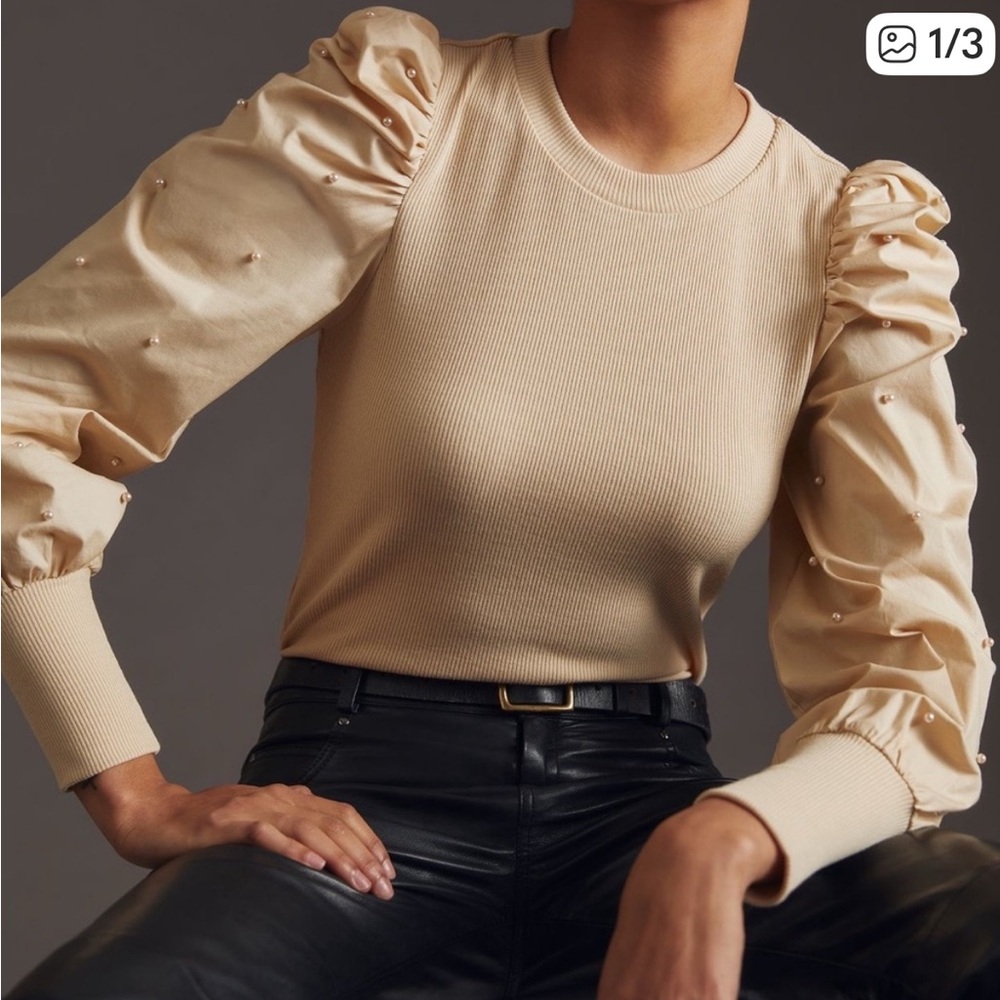 Dolan -Anthropologie Elegant Beige Puff Sleeve Top